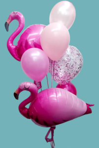 Tropical Flamingo Balloon Bouquet: 2 supershape flamingos, 4 coordinating latex balloons, and 1 signature confetti balloon.