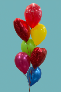 5 multi coloured latex and 2 heart foil balloon bouquet