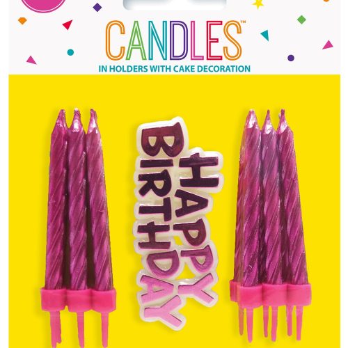 12 Candles In Holders with Cake Decoration - Pink