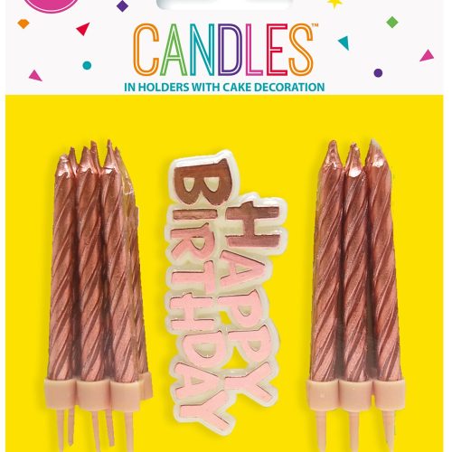12 Candles In Holders with Cake Decoration - Rose Gold