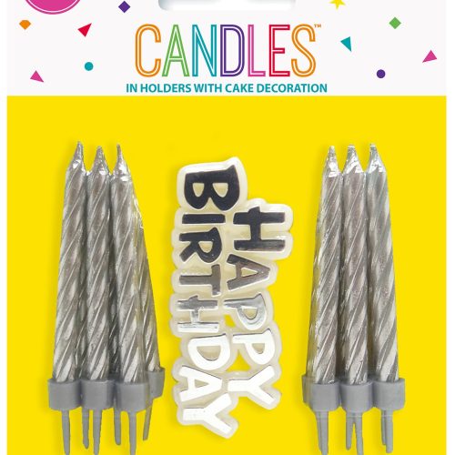 12 Candles In Holders with Cake Decoration - Silver