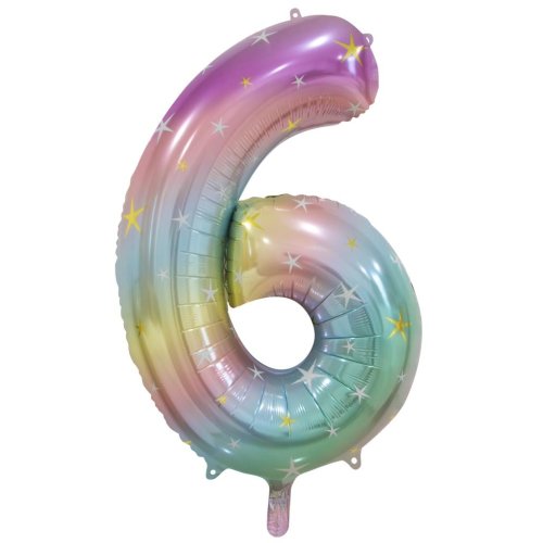 34-inch pastel rainbow foil number 6 balloon