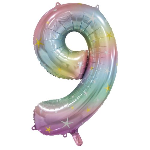 34-inch pastel rainbow foil number 9 balloon