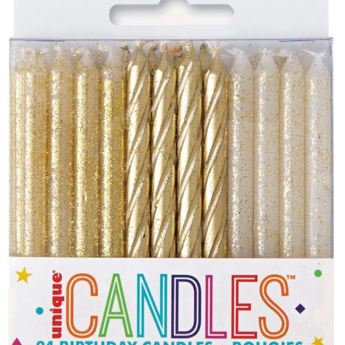 24 Gold & Gold Glitter Assorted Spiral Candles
