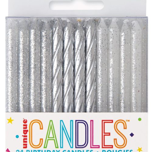 24 Silver & Silver Glitter Assorted Spiral Candles