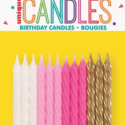 24 Spiral Candles Pink Assorted - Bright White, Lovely Pink, Hot Pink & Gold
