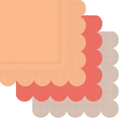 16 Scalloped Edge Beverage Napkins - Assorted Colours - Brown, Peach & Coral 24.2cm x 24.2cm (9.5" x 9.5") — illustrative reference; actual product differs as described