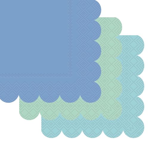 Mint, Sky Blue & Lapis Blue Assorted 16 Scalloped Edge Beverage Napkins 24.2cm x 24.2cm (9.5" x 9.5") — illustrative reference; actual product differs as described
