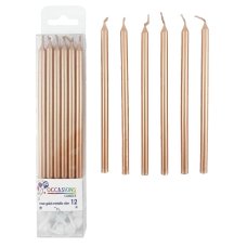 Alpen Rose Gold Metallic Slim Birthday Candles with Holders – 120mm, Pack of 12
