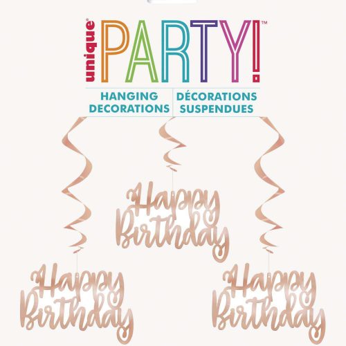 "Happy Birthday" 3 Foil Hanging Swirl Decorations 81cm (32") L - Rose Gold