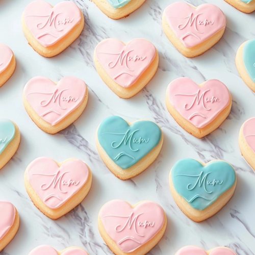 Heart-shaped cookies with MUM lettering made using the Coo Kie Mum cookie embosser