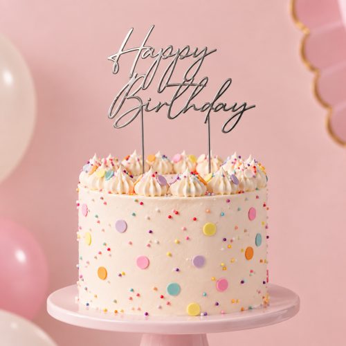 Silver Happy Birthday Cake Topper – Design 3